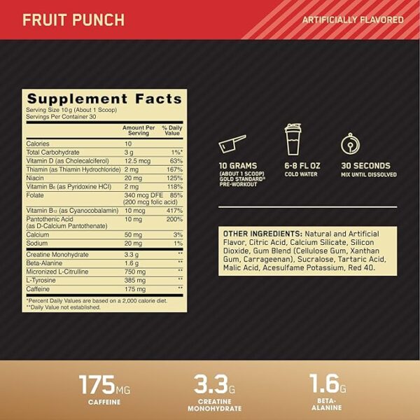 OPTIMUM NUTRITION Gold Standard Pre-Workout with Creatine, Beta-Alanine, and Caffeine for Energy, Flavor: Fruit Punch, 30 Servings - Image 3