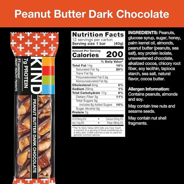 KIND Snack Bars, Peanut Butter Dark Chocolate, 7g Protein, Gluten Free Bars, 1.4 OZ, 12 Count - Image 4