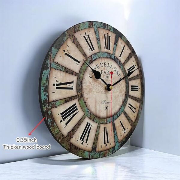 Qukueoy Silent Round Wooden Wall Clock Rustic Country Style, Battery Operated, Vintage Farmhouse Wall Decor for Living Room, Kitchen, Bedroom, Office - Image 3