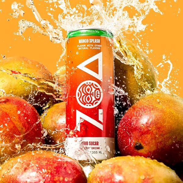 ZOA Zero Sugar Energy Drinks, Mango Splash - Sugar Free with Electrolytes, Healthy Vitamin C, Amino Acids, Essential B-Vitamins, and Caffeine from Green Tea - 12 Fl Oz (Pack of 12) - Image 3