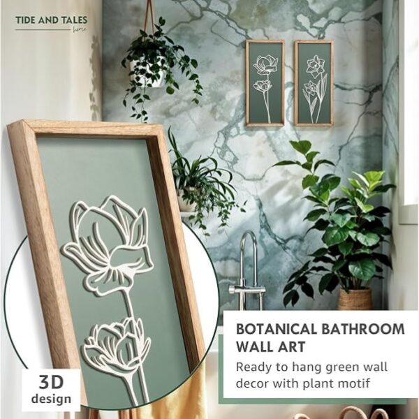 3D Floral Green Wall Art (Set of 2) Lightweight, Wooden Ready-to-Hang Boho Framed Wall Art for Bathroom, Bedroom, Living Room or Office – Premium Sage Green Farmhouse Decor – Gift-Boxed - Image 2