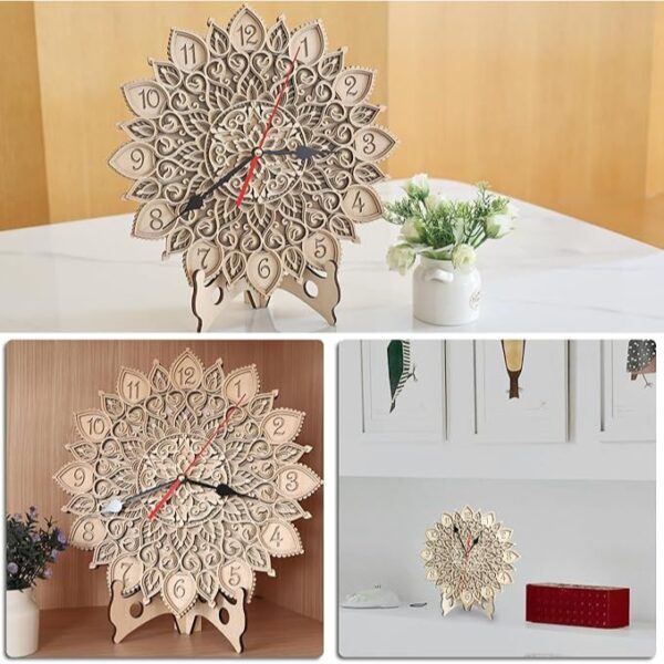 Mandala Flower Silent Wall Clock 12 Inch, Dual Mode Wooden Clock for Home & Office - Wall Mount or Tabletop Decoration, Noise-Free Modern Design for Dining Room, Study, Kitchen - Image 5
