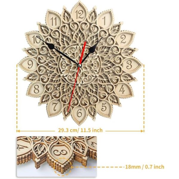 Mandala Flower Silent Wall Clock 12 Inch, Dual Mode Wooden Clock for Home & Office - Wall Mount or Tabletop Decoration, Noise-Free Modern Design for Dining Room, Study, Kitchen - Image 2