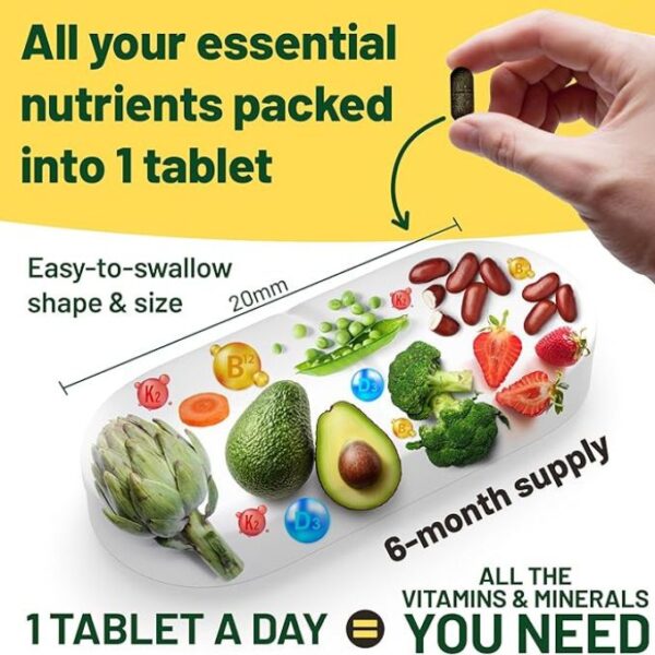 Vegan Vitality Multivitamins & Minerals for Women and Men with High Strength Vitamin B12, D3 & K2. 180 Vegan Multivitamin Tablets - 6 Months Supply. Vitamins for Vegans & Vegetarians - Image 4