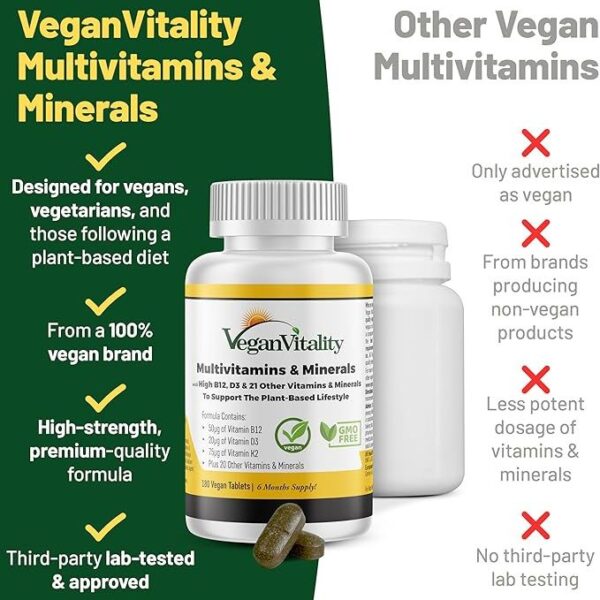 Vegan Vitality Multivitamins & Minerals for Women and Men with High Strength Vitamin B12, D3 & K2. 180 Vegan Multivitamin Tablets - 6 Months Supply. Vitamins for Vegans & Vegetarians - Image 3
