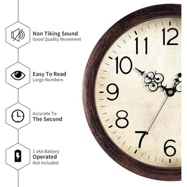 Wall Clock, Vintage Wall Clocks Battery Operated Quartz Silent Non-Ticking Retro Rustic Style Clock Decorative for Kitchen,Bathroom Home Office (Bronze) - Image 7