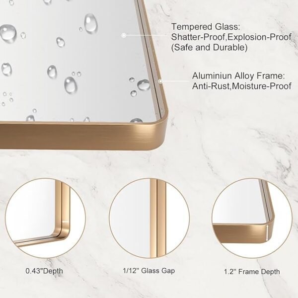 LOAAO 20”X30” Gold Bathroom Mirror, Rounded Rectangle Gold Frame Mirror, Brushed Gold Bathroom Vanity Mirror Wall-Mounted, Anti-Rust, Hangs Horizontally or Vertically - Image 5