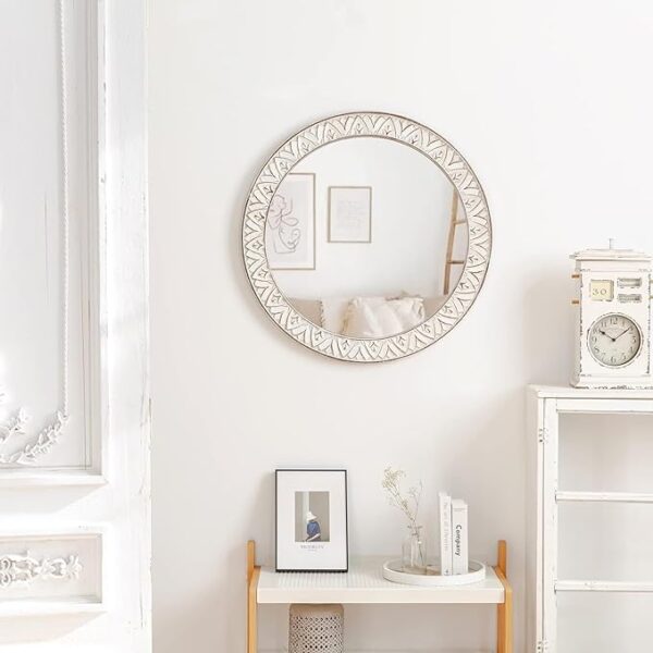 24" Round Mirror Farmhouse Wooden Frame Circle Mirrors, Rustic Decorative Distressed Wall Mounted Mirror for Bathroom, Bedroom, Living Room, Entryway, Fireplace, Hall - Image 2