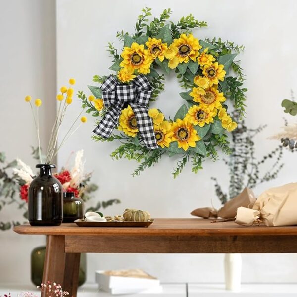 18" Sunflower Wreath for Front Door, Spring Summer Wreath with Artificial Sunflower Daisy Green Leaves, Grapevine Wreath Farmhouse Sunflower Decor for Home Wedding Party Wall Indoor Outside - Image 2