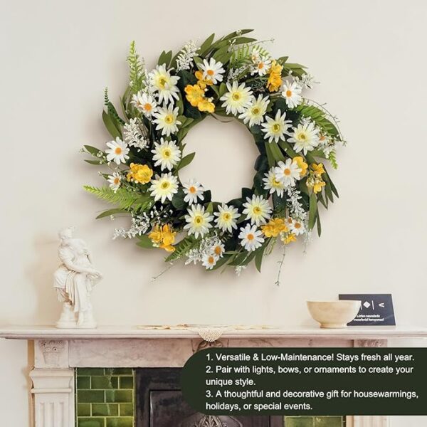 Spring Wreaths for Front Door, 20 Inch Artificial Summer Wreath with Daisy Flower, Floral Wreath for Porch Window Outdoor Indoor Wall Decor, All Seasons Wreaths for Farmhouse Decoration - Image 5