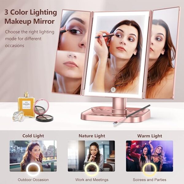 Makeup Mirror with Lights, 3 Color Lighting, Lighted Makeup Mirror, 10x 3X 2X Magnification, Vanity Mirror with 72LEDs, Touch Control, Dual Power Supply, Female Gift(Rose Gold) - Image 2
