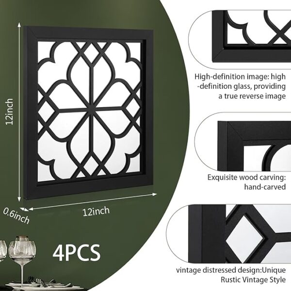 Tatuo 4 Pcs Square Wall Mirror Rustic Farmhouse Decorative Hanging Mirrors for Living Room Bedroom Kitchen Bathroom Entryway, 12 x 12 Inch(Black) - Image 3