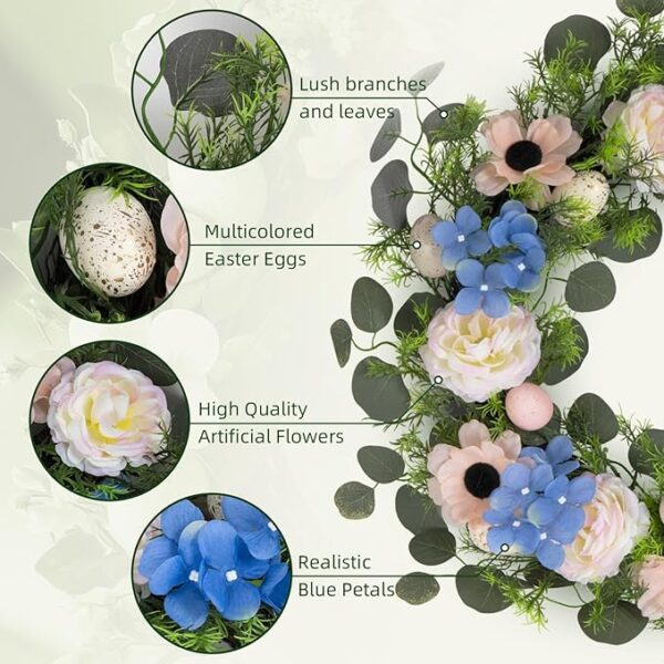 22inch Spring Wreath for Front Door, Easter Wreath Door Decoration with Flower & Eggs,for Front Door, Wall, Farmhouse,Home Decor, Ideal for Easter, Party, Indoor Outdoor Use for Spring - Image 3