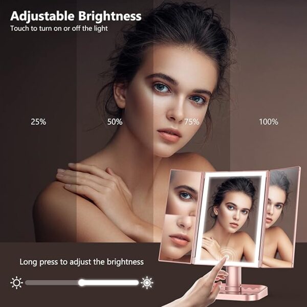 Makeup Mirror with Lights, 3 Color Lighting, Lighted Makeup Mirror, 10x 3X 2X Magnification, Vanity Mirror with 72LEDs, Touch Control, Dual Power Supply, Female Gift(Rose Gold) - Image 3