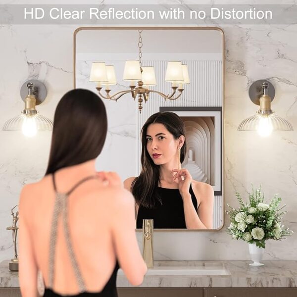 LOAAO 20”X30” Gold Bathroom Mirror, Rounded Rectangle Gold Frame Mirror, Brushed Gold Bathroom Vanity Mirror Wall-Mounted, Anti-Rust, Hangs Horizontally or Vertically - Image 2