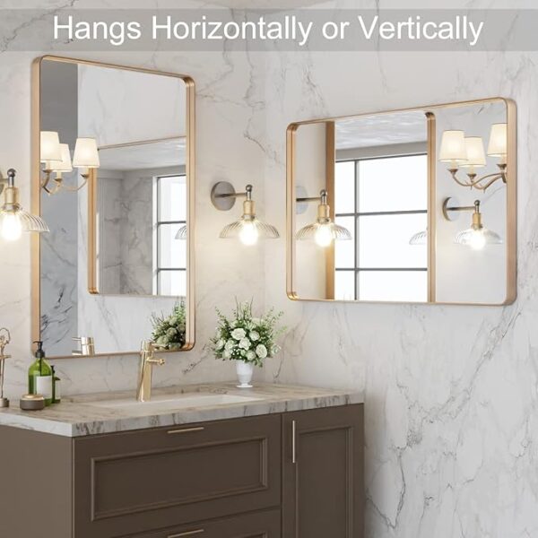 LOAAO 20”X30” Gold Bathroom Mirror, Rounded Rectangle Gold Frame Mirror, Brushed Gold Bathroom Vanity Mirror Wall-Mounted, Anti-Rust, Hangs Horizontally or Vertically - Image 4
