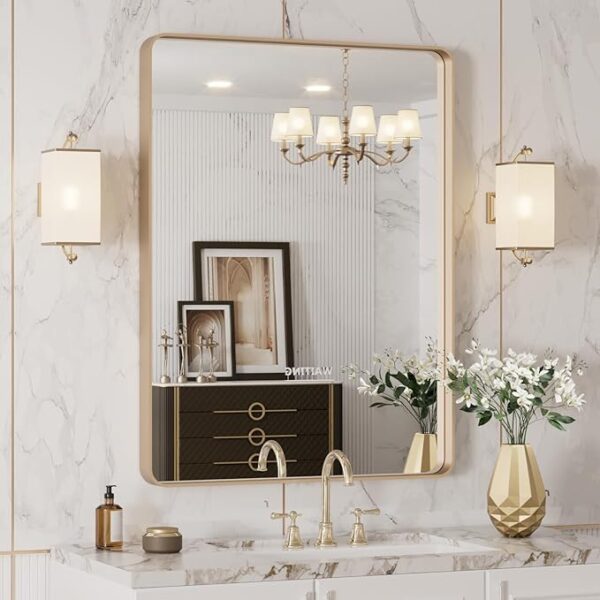 LOAAO 20”X30” Gold Bathroom Mirror, Rounded Rectangle Gold Frame Mirror, Brushed Gold Bathroom Vanity Mirror Wall-Mounted, Anti-Rust, Hangs Horizontally or Vertically - Image 3
