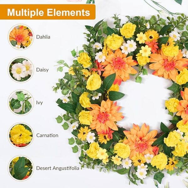 GENMOUS 24Inch Spring Summer Wreath for Front Door, Fall Wreaths with Dahlias and Daisy, Flower Home Wreath Decor for Autumn Thanksgiving Farmhouse Outdoor Indoor - Image 4