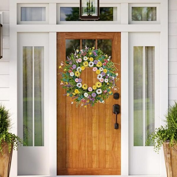 Spring Wreath 22 Inch Artificial Summer Wreath with Yellow Daisy Flowers Green Eucalyptus Leaves Lavender Spring Wreaths for Front Door Home Farmhouse Porch Wall Easter Festival - Image 4