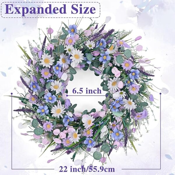 Waipfaru Spring Wreaths for Front Door, 22 Inchs Spring Daisy Wreath Summer Wreath with Floral Lanvender for Indoor Outdoor Wall Porch Window Decor and Festival Celebration - Image 2