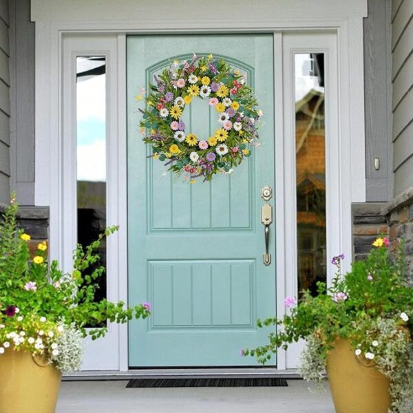 Spring Wreath 22 Inch Artificial Summer Wreath with Yellow Daisy Flowers Green Eucalyptus Leaves Lavender Spring Wreaths for Front Door Home Farmhouse Porch Wall Easter Festival - Image 6