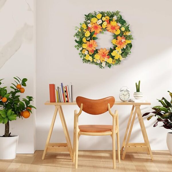 GENMOUS 24Inch Spring Summer Wreath for Front Door, Fall Wreaths with Dahlias and Daisy, Flower Home Wreath Decor for Autumn Thanksgiving Farmhouse Outdoor Indoor - Image 6