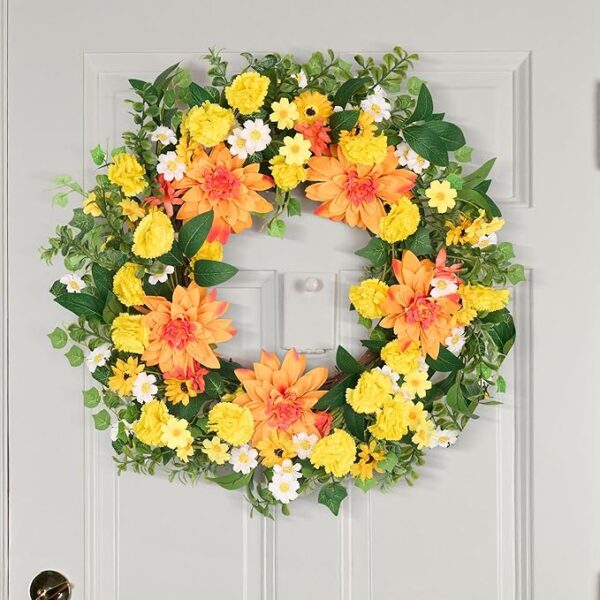 GENMOUS 24Inch Spring Summer Wreath for Front Door, Fall Wreaths with Dahlias and Daisy, Flower Home Wreath Decor for Autumn Thanksgiving Farmhouse Outdoor Indoor - Image 2