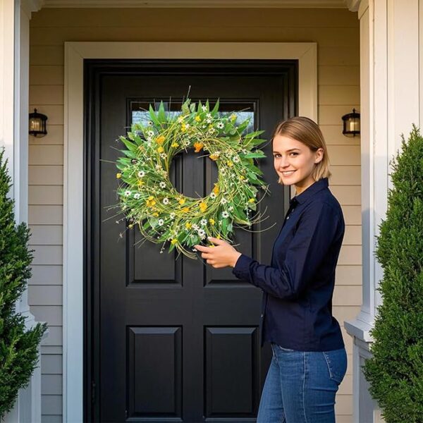 Spring Wreaths for Front Door, Soomeir Summer Green Wreath, Daisy Yellow Green Floral Wreaths,Home Decor Decorations for All Seasons Farmhouse Outdoor Indoors Holiday - Image 6