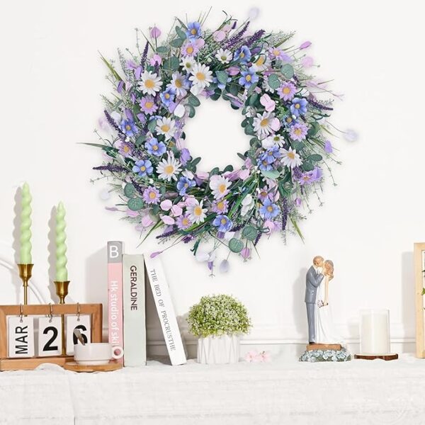Waipfaru Spring Wreaths for Front Door, 22 Inchs Spring Daisy Wreath Summer Wreath with Floral Lanvender for Indoor Outdoor Wall Porch Window Decor and Festival Celebration - Image 6