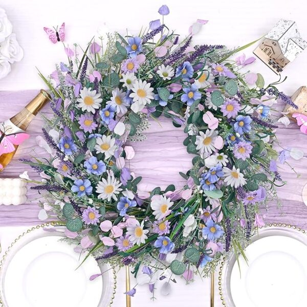 Waipfaru Spring Wreaths for Front Door, 22 Inchs Spring Daisy Wreath Summer Wreath with Floral Lanvender for Indoor Outdoor Wall Porch Window Decor and Festival Celebration - Image 5