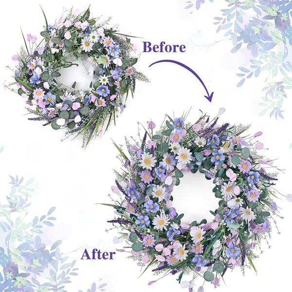 Waipfaru Spring Wreaths for Front Door, 22 Inchs Spring Daisy Wreath Summer Wreath with Floral Lanvender for Indoor Outdoor Wall Porch Window Decor and Festival Celebration - Image 4