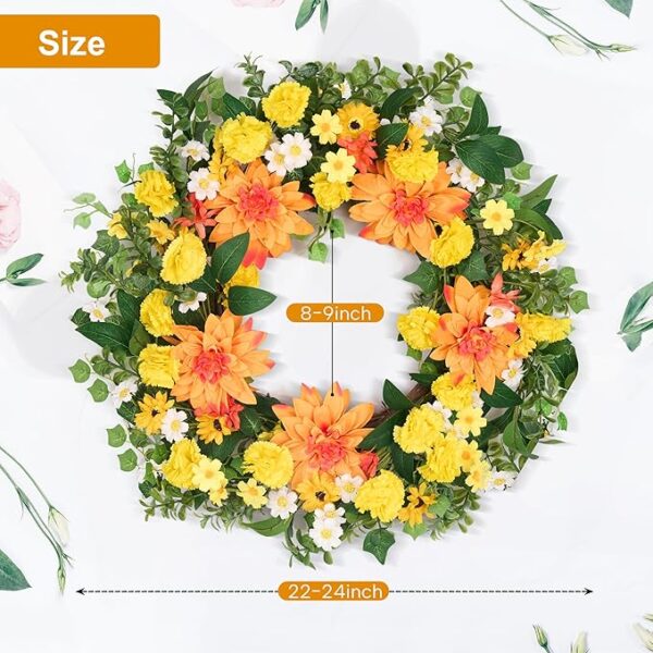 GENMOUS 24Inch Spring Summer Wreath for Front Door, Fall Wreaths with Dahlias and Daisy, Flower Home Wreath Decor for Autumn Thanksgiving Farmhouse Outdoor Indoor - Image 3