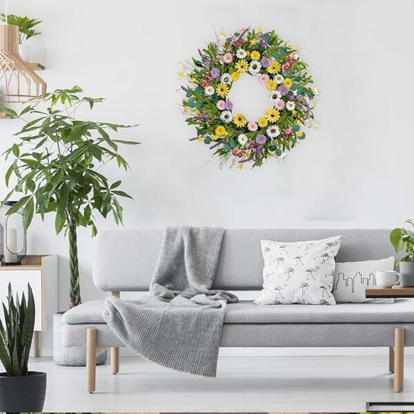 Spring Wreath 22 Inch Artificial Summer Wreath with Yellow Daisy Flowers Green Eucalyptus Leaves Lavender Spring Wreaths for Front Door Home Farmhouse Porch Wall Easter Festival - Image 2