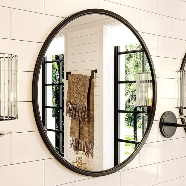 Growsun 24'' Black Round Mirror, Circle Wall Mirror for Bathroom Vanity, Entryway Living Room with Metal Frame for Home Decor - Image 3