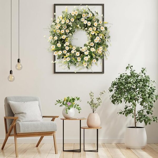 Sggvecsy White Daisy Wreath 24 Inch with Fake Silk Floral Green Eucalyptus Leaves and Lavender for Spring Summer Front Door Window Wall Wedding Farmhouse Festival Decor - Image 5