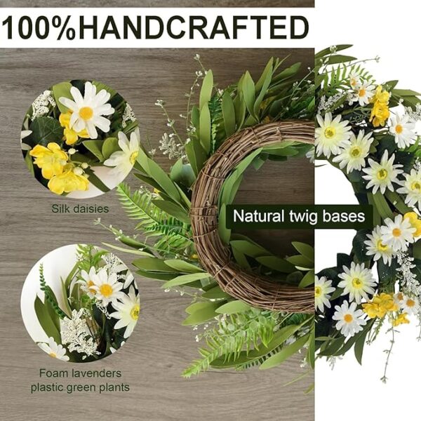 Spring Wreaths for Front Door, 20 Inch Artificial Summer Wreath with Daisy Flower, Floral Wreath for Porch Window Outdoor Indoor Wall Decor, All Seasons Wreaths for Farmhouse Decoration - Image 2