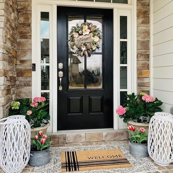 Spring Summer Wreath for Front Door,Farmhouse Magnolia Porch Decoration,Front Door Hanger,Housewarming Gift, Buffalo Plaid Year Round Wreath,Summer Home Decor - Image 2