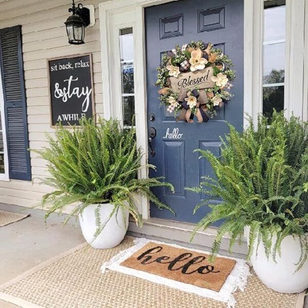 Spring Summer Wreath for Front Door,Farmhouse Magnolia Porch Decoration,Front Door Hanger,Housewarming Gift, Buffalo Plaid Year Round Wreath,Summer Home Decor - Image 3