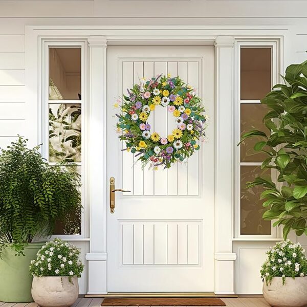 Spring Wreath 22 Inch Artificial Summer Wreath with Yellow Daisy Flowers Green Eucalyptus Leaves Lavender Spring Wreaths for Front Door Home Farmhouse Porch Wall Easter Festival - Image 3