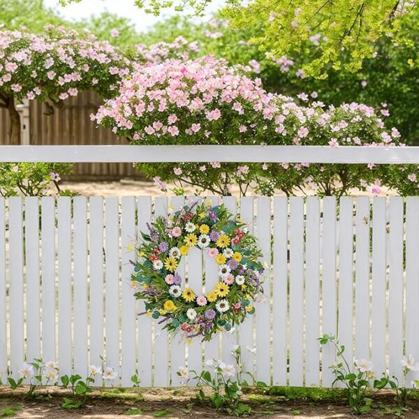 Spring Wreath 22 Inch Artificial Summer Wreath with Yellow Daisy Flowers Green Eucalyptus Leaves Lavender Spring Wreaths for Front Door Home Farmhouse Porch Wall Easter Festival - Image 5