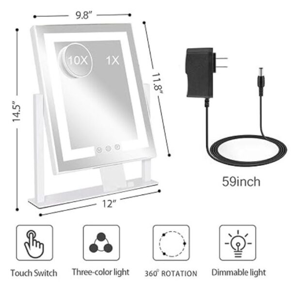 Kottova Lighted Makeup Mirror, Hollywood Vanity Mirror with Lights, Three Color Modes, 10X Magnification, Smart Touch Control, Detachable 10X Mirror, Metal Frame, 360° Rotation（14.5in,White） - Image 5