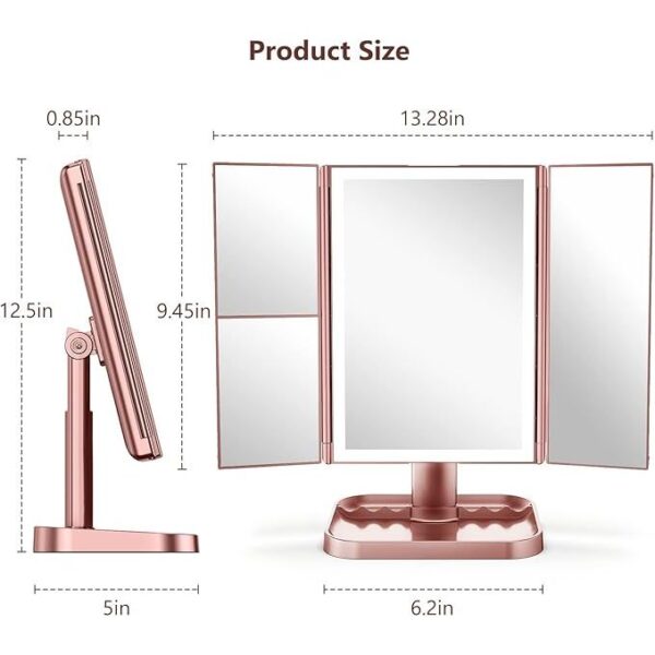 Makeup Mirror with Lights, 3 Color Lighting, Lighted Makeup Mirror, 10x 3X 2X Magnification, Vanity Mirror with 72LEDs, Touch Control, Dual Power Supply, Female Gift(Rose Gold) - Image 6
