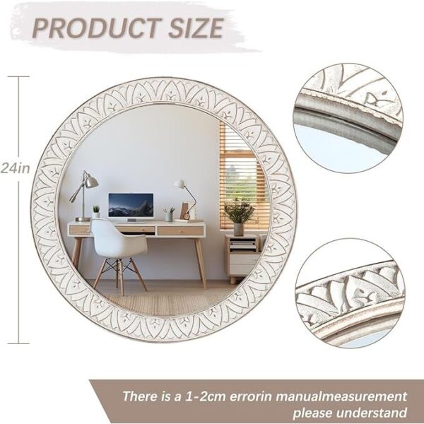 24" Round Mirror Farmhouse Wooden Frame Circle Mirrors, Rustic Decorative Distressed Wall Mounted Mirror for Bathroom, Bedroom, Living Room, Entryway, Fireplace, Hall - Image 6