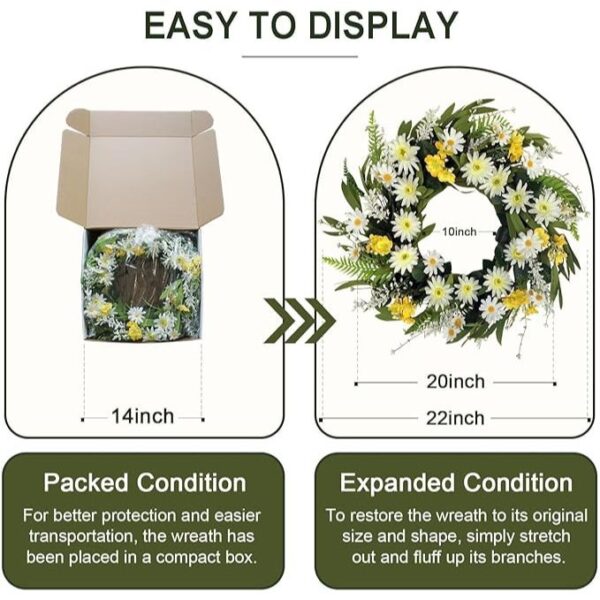 Spring Wreaths for Front Door, 20 Inch Artificial Summer Wreath with Daisy Flower, Floral Wreath for Porch Window Outdoor Indoor Wall Decor, All Seasons Wreaths for Farmhouse Decoration - Image 6