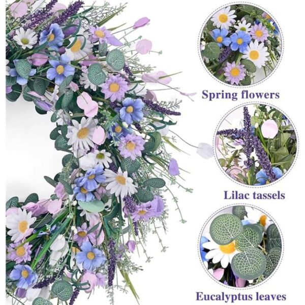 Waipfaru Spring Wreaths for Front Door, 22 Inchs Spring Daisy Wreath Summer Wreath with Floral Lanvender for Indoor Outdoor Wall Porch Window Decor and Festival Celebration - Image 3
