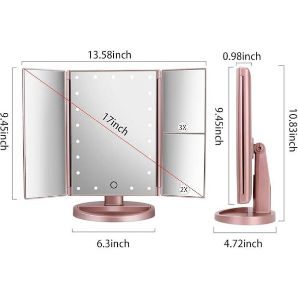 deweisn Dresser Mount Tri-Fold Lighted Vanity Mirror with 21 LED Lights, Touch Screen and 3X/2X/1X Magnification, Two Power Supply Modes Make Up Mirror,Travel Mirror - Image 2