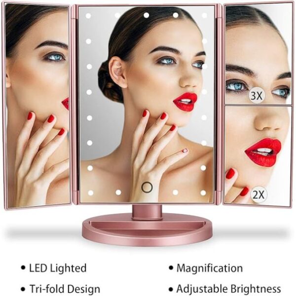 deweisn Dresser Mount Tri-Fold Lighted Vanity Mirror with 21 LED Lights, Touch Screen and 3X/2X/1X Magnification, Two Power Supply Modes Make Up Mirror,Travel Mirror - Image 6