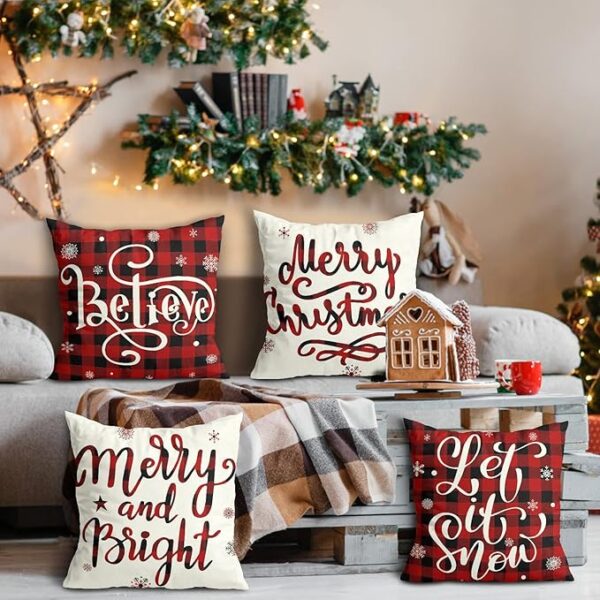 Christmas Decorations Christmas Pillow Covers 18x18 Inches Set of 4 Farmhouse Buffalo Plaid Black and Red Throw Pillow Case Winter Holiday Christmas Decor Home Sofa Couch Cushion Indoor Decorations - Image 6