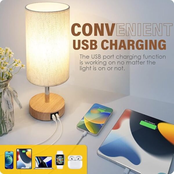 Yarra-Decor Bedside Table Lamp with USB Port - Touch Control for Bedroom Wood 3 Way Dimmable Nightstand Lamp with Round Flaxen Fabric Shade for Living Room, Dorm, Home Office (LED Bulb Included) - Image 3