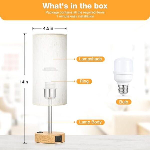 Bedside Table Lamp for Bedroom - 3 Way Dimmable Touch Lamp USB C Charging Ports and AC Outlet, Small Lamp Wood Base Round Flaxen Fabric Shade for Living Room, Desk, LED Bulb Included - Image 5